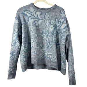 Peruvian Connection Blue Floral Print Crewneck Sweater Large